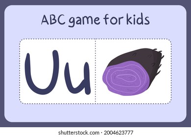 Kid alphabet mini games in cartoon style with letter U - ube. Vector illustration for game design - cut and play. Learn abc with fruit and vegetable flash cards.