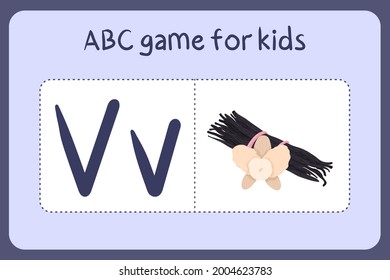 Kid alphabet mini games in cartoon style with letter V -vanilla. Vector illustration for game design - cut and play. Learn abc with fruit and vegetable flash cards.