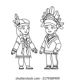 Kid American Indian Vector. Indigenous Child, Family Boy Girl Portrait, Multiracial Childhood Kid American Indian Character. People Black Line Pencil Drawing Vector Illustration