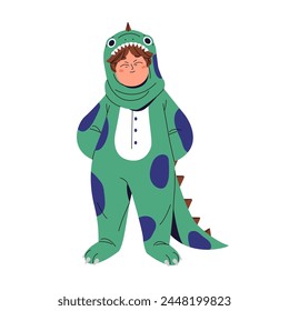 Kid in amusing costume of dino in Halloween masquerade. Funny child dressed in adorable dinosaur with hood, tail. Boy in cute monster suit smiles. Flat isolated vector illustration on white background