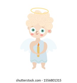 Kid angel with wings and halo holding candle vector illustration