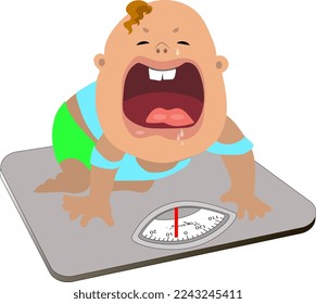 The kid is angry, screams and cries, does not want to be weighed on the scales. 