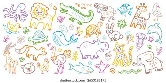 Animais de estimação. Ícone bonito do animal-filho do lápis de cera do vetor. Crianças bonito padrão. Fundo de giz de cera de bebê. Ilustração de ícone de criança. Jardim de infância escola selva zoológico doodle animais bg
