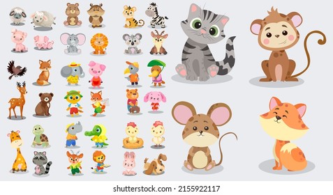 Iconos de animales infantiles dibujos animados estilizados adorables