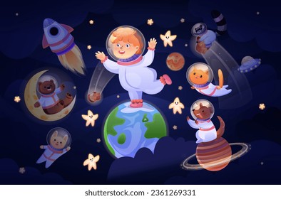 Kid and animals in space poster. Child in helmet with cat and dog, raccoon and bear cub flies in starry sky. Dreamy journey with star and planet, comets and spaceship. Cartoon flat vector illustration