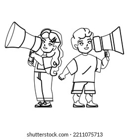 Kid Announce Line Pencil Drawing Vector. Child Megaphone, Girl Boy Announcement, Speaker Little Kid Announce Character. People Illustration