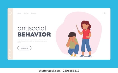 Kid Antisocial Behavior. Landing Page Template. Girl Strikes Boy Character Forcefully With A Sturdy Stick, Leading To A Confrontational Incident Between The Two Characters. Cartoon Vector Illustration