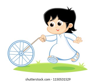  kid from Arab Gulf countries ( United Arab Emirates UAE  Saudi Arabia ksa  Bahrain  Kuwait Qatar and Oman )  playing with an old traditional bicycle ,  isolated vector illustration