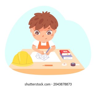 Kid architect drawing house plan architecture on paper vector illustration. Cartoon cute boy child character working at table on construction project blueprint, funny children work isolated on white background