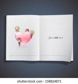 Kid around a heart printed on book. Vector design 
