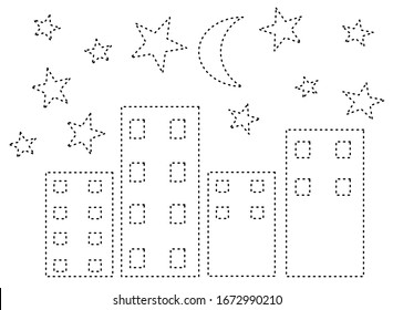 Kid art dashed line, building of night dashed line, color book,