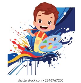 kid artist little boy painting on canvas