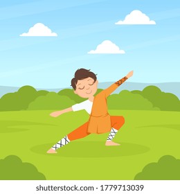 Kid Asian Martial Art Fighter, Cute Boy Athlete Practicing Wushu Technique Outdoors Cartoon Vector Illustration