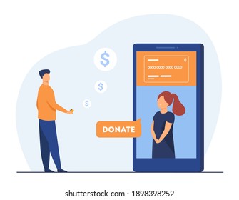 Kid Asking For Donation Online. Screen, Donate Button, Money Transfer. Flat Vector Illustration. Contribution, Social Assistance Concept For Banner, Website Design Or Landing Web Page