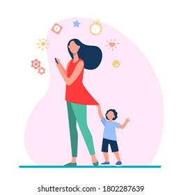 Kid asking mom for attention while she hanging on social media. Using smartphone, cellphone flat vector illustration. Parenting, online addiction concept for banner, website design or landing web page