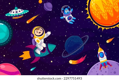 Astronauta infantil y personajes alienígenas en la galaxia espacial. Caricatura vectorial niño cosmonauta cohetes en el Universo exterior con planetas, estrellas brillantes, naves espaciales y platillos ufo. Viaje o viaje interestelar