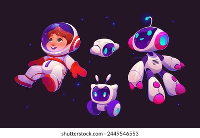 Niño astronauta disfrazado con casco y lindos robots cosmonautas flotando en el espacio exterior. Ilustración vectorial de dibujos animados de niño pequeño espaciador con asistente robótico o amigo para cosmos aventura.