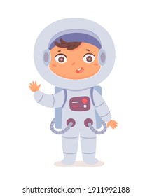 Kid as astronaut. Cute little boy with professional occupation vector illustration. Happy child as cosmonaut in spacesuit standing and waving isolated on white background.