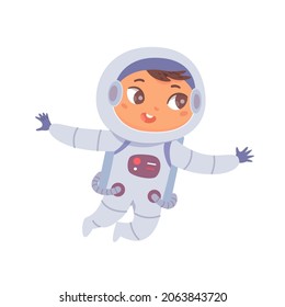 Kid astronaut flying in zero gravity vector illustration. Cartoon cute child spaceman character in weightlessness, spacewalk of baby cosmonaut wearing spacesuit isolated on white