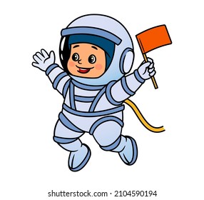 A kid astronaut in a helmet and a spacesuit waving a pioneer flag. Vector illustration in cartoon style, black and white isolated line art