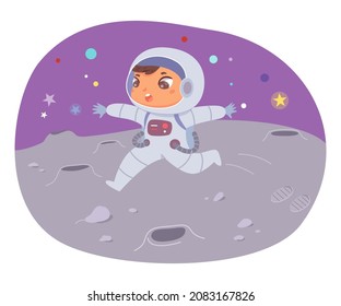 Kid astronaut jumping on moon surface, space adventure vector illustration. Cartoon funny child running to rocket spaceship with low planetary gravity, planet exploration mission isolated on white