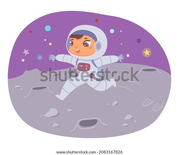 Kid astronaut jumping on moon surface, space\
adventure vector illustration. Cartoon funny child running to\
rocket spaceship with low planetary gravity, planet exploration\
mission isolated on white