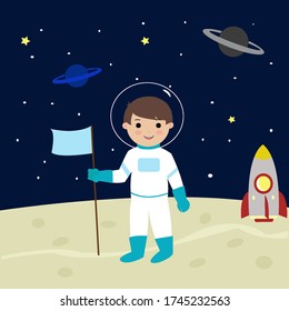 Kid Astronaut Landing On Moon Cartoon Vector