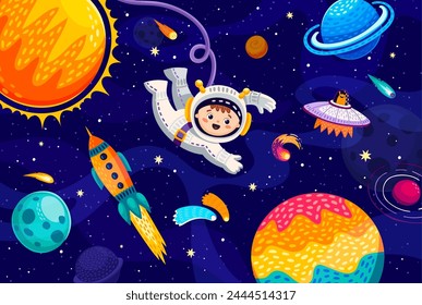 Niño astronauta en el espacio exterior, planetas de galaxias, estrellas y nave espacial. Personaje de niño de dibujos animados en el espacio exterior con ovni y transbordador. Pequeño cosmonauta explorando la expansión del universo, flota en la ingravidez