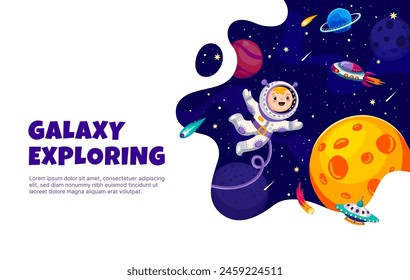 Kid astronaut in outer space, galaxy landscape with UFO, spaceship and planets. Space exploration, galaxy research vector horizontal banner with cheerful kid astronaut character among galaxy stars