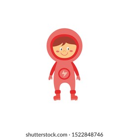 Kid astronaut in pink space costume, cute cartoon girl character smiling and standing in full astronomy science explorer uniform - isolated flat hand drawn vector illustration on white background