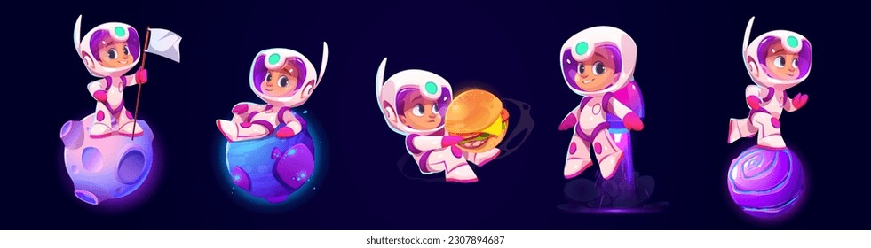 El astronauta infantil astronauta es un lindo personaje vectorial de dibujos animados. Un hombre espacial aislado con traje de galaxia y casco con bandera y hamburguesa de queso. Niño feliz con traje cósmico volando con jetpack y run planet