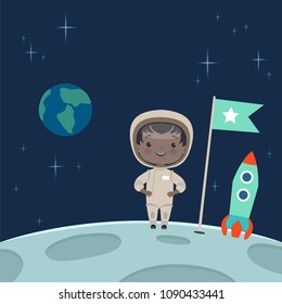 Kid astronaut standing on the moon. Space background illustration