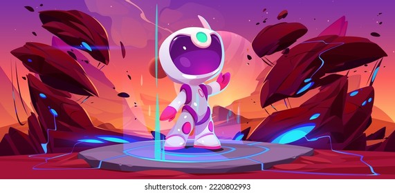 Kid astronaut standing on teleport portal at alien planet landscape with glow rocks. Space game colonization mission with cute cartoon cosmonaut Interstellar travel in far galaxy, Vector illustration