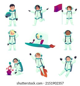 Kid astronauts cartoon vector characters with rocket. Set of flat illuatrations with kids in space isolated on white background. Cute little spacemen explore space, make observations