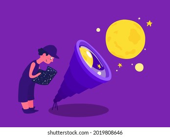 A kid astronomer standing near the telescope, learning astronomy. A boy studying space. A child looking at the moon. A vector cartoon illustration.