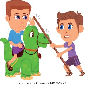 Kid attacking boy with stick. Angry child bad behavior