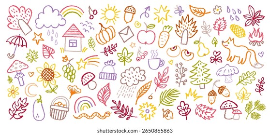 Outono infantil. As crianças caem no fundo das folhas. Criança outono lápis de cera deixa mão desenhado ícone. De volta à escola caem lápis vetor. Ícone bonito, árvore de bordo, nuvem, casa de floresta, bolota de carvalho. Ilustração de rabiscar bg