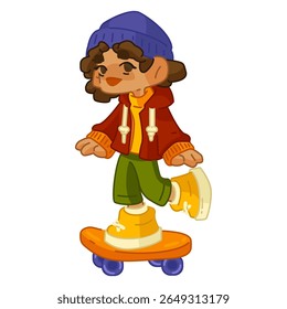 Kid Autumn Skateboarding Illustration. Cartoon style, bright warm colors, front view on white background.