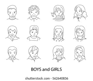 Kid avatar collection, set of happy boy and girl icons, mixed age, Hand drawn thin line sketch style cartoon vector illustration.