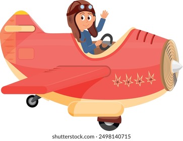 Aviación infantil. Niño de la historieta se sienta en el avión volador