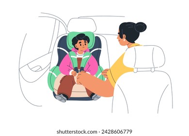 Kid in baby car seat. Mother fastening child passenger in toddlers chair at backseat. Childrens safety, security, protection in auto travel. Flat vector illustration isolated on white background