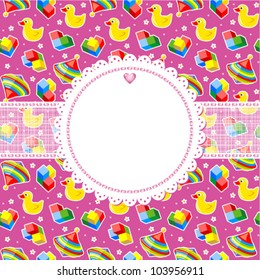 Kid or baby event (birth, shower, birthday, party, etc.) greeting card or invitation background with place for text and photos, plus seamless pattern, for high res JPEG or TIFF see image 103956908