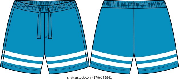 Kid baby pull-on basic blue short with double white stripes at bottom hem leg, soft elasticated waistband for easy pull-on comfort, adjustable drawcord at waist, regular waist, regular fit, front and back vector, illustration, activewear clothing, active, everyday wear, trendy