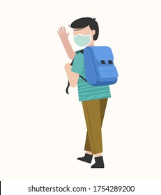 Kid Back To School Wear Mask And Bag In Pandemic Situation (coronavirus). Boy Walking To School Waving His Hand, Good Bye.