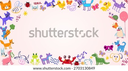 Kid background border for kindergarten and school projects. Colorful animal frame with crayon and paint elements for preschool graduation certificate, child diploma or playful educational template.