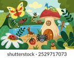 Kid background. Fantasy insects home. Cartoon natural scene. Happy ant bug. Spider on mushroom. Beetle and butterfly. Cute field landscape. Children education book. Vector nature tidy illustration