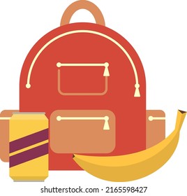 Kid Backpack With Banana And Soda Can. School Lunch Icon