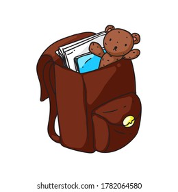 Kid Backpack. Isolated Cartoon Brown Open Kid School Bag With Books And Teddy Bear Doodle Icon. Student Child Schoolbag Backpack Object. Vector Education And Study Concept