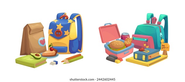 Mochila infantil y lonchera para ilustración escolar. Sándwich y bocadillo en recipiente de plástico para el desayuno o la cena. Almuerzo de niño para comer artículo aislado. Elemento de mochila con juego de clips de libros