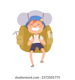 Kid with a backpack on camping trip. Outdoor adventure scene vector illustration. Cute school funny student on summer vacation.